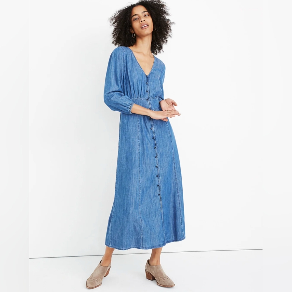 Madewell Denim Pieced-Waist Midi Dress in Mariden Wash Button Down Size 10